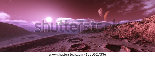 Alien landscape, planet\
surface, martian sunset, sunrise on mars, panorama of mars 3d\
rendering