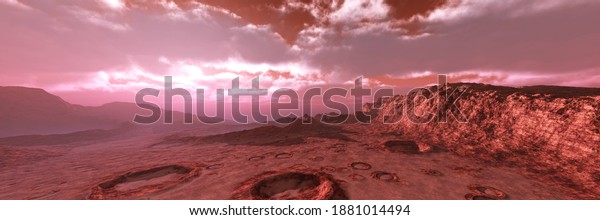 Alien landscape, planet\
surface, martian sunset, sunrise on mars, panorama of mars, 3d\
rendering
