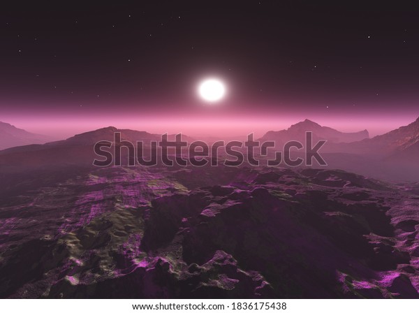 Alien landscape, planet surface at sunset,\
fantastic landscape, 3d\
rendering