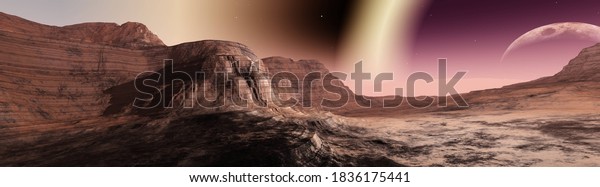 Alien landscape, planet surface at sunset,\
fantastic landscape, 3d\
rendering