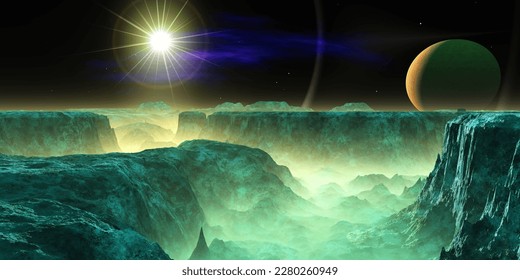Alien landscape in the rays of a rising star, Satellite of Mars from low orbit, 3d rendering