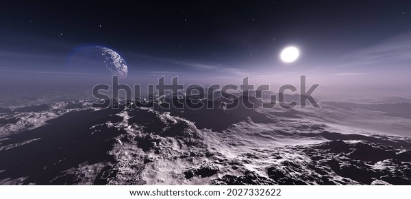Alien landscape, sunrise on Iapetus, Neptune\
moon surface, alien fantasy, 3D\
rendering