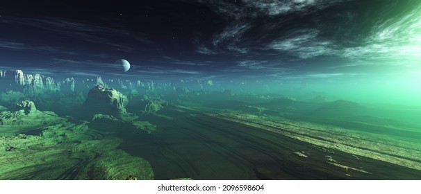 Alien Landscape, Sunrise On Venus, Surface Of Another Planet, Martian Chronicles, 3D Rendering