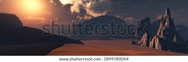 Alien landscape at sunset, Mars at sunset,\
surface of Mars, 3D\
rendering