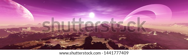 Alien\
landscape, sunset panorama on alien, 3d\
rendering\
