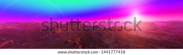 Alien\
landscape, sunset panorama on alien, 3d\
rendering\
