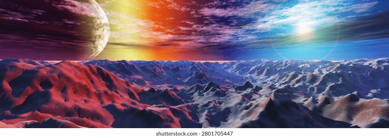 Alien landscape, alien sunset, alien surface under formidable clouds, sunrise on another planet, alien canyon, 3D rendering
