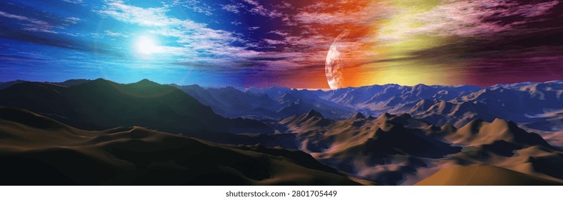 Alien landscape, alien sunset, alien surface under formidable clouds, sunrise on another planet, alien canyon, 3D rendering