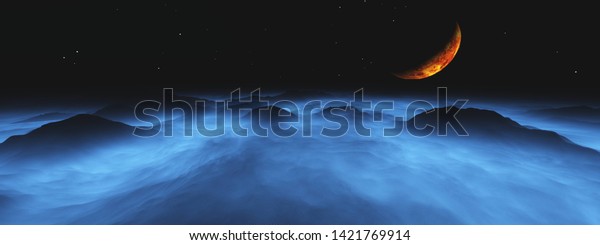 Alien landscape, surface of another planet,
Mars panorama, 3D
rendering