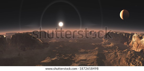 Alien landscape, alien surface, panorama of\
mars, 3d rendering