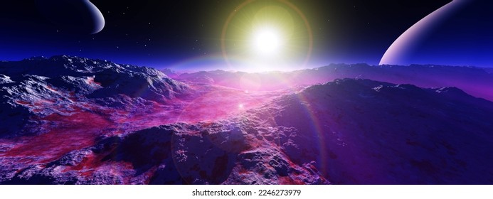alien landscape of alien surface at star rising with two satellites, 3d rendering
