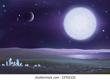 Alien life forms on extraterrestrial landscape - some plants and organic crystals in foreground and open water in the distance