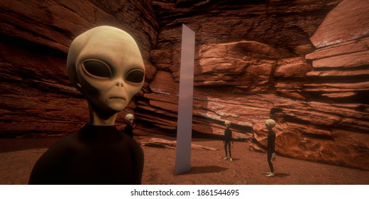 Alien Monolith Metal Object With Grey Alien In The Desert. Extremely Detailed And Realistic High Resolution 3d Image.