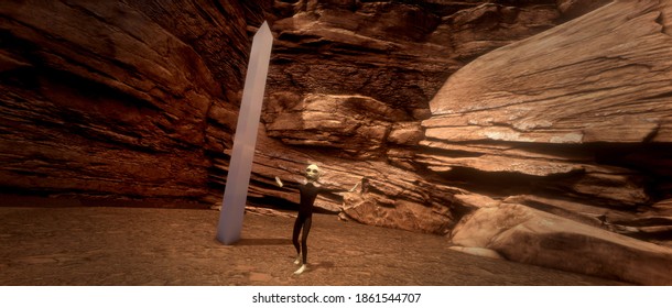 Alien Monolith Metal Object With Grey Alien In The Desert. Extremely Detailed And Realistic High Resolution 3d Image.