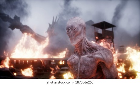 Alien, Monster In A Burning Ruined Apocalyptic City. Armageddon America View. Realistic Fire Simulation. 3d Rendering