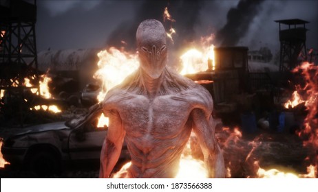 Alien, Monster In A Burning Ruined Apocalyptic City. Armageddon View. Realistic Fire Simulation. 3d Rendering