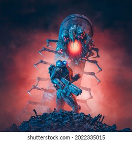 Alien monster hunter soldier - 3D illustration of science fiction military robot warrior confronting giant robotic insect with ominous red sky background
