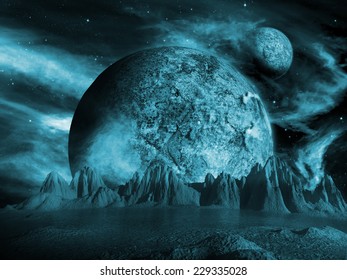 Alien moon rises over a distant planet. Blue Space Scene/Background