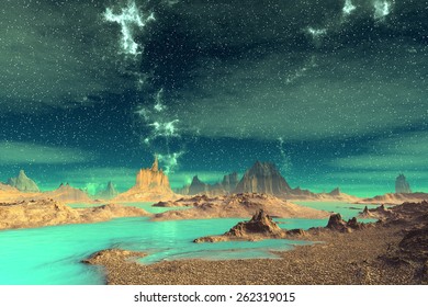 Alien Planet - 3D Rendered Computer Artwork. Rocks and sky 