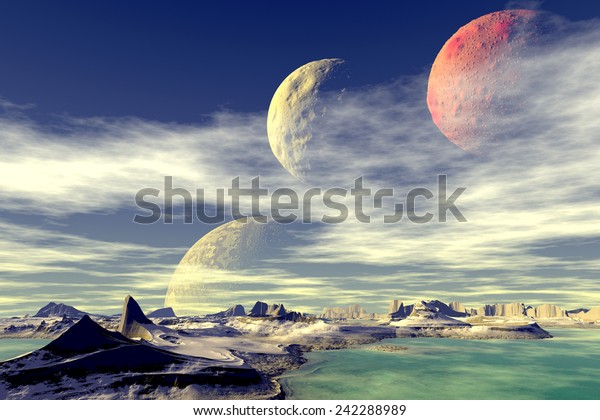 Alien Planet - 3D Rendered Computer Artwork. Rocks\
and  moon