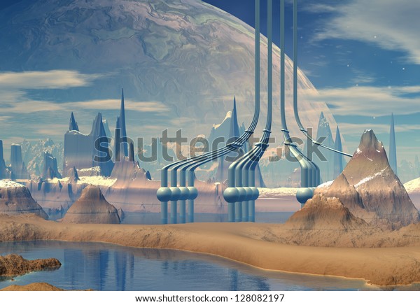 Alien Planet With A Construction And A Moon -\
Computer Artwork