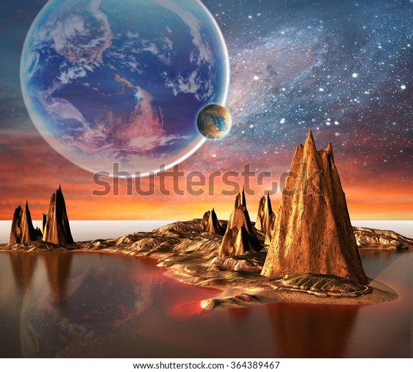 Alien Planet With Earth Moon And\
Mountains. Elements of this image furnished by NASA\
