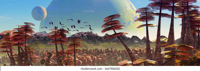 alien planet landscape, beautiful forest the surface of an exoplanet (3d space rendering banner) 