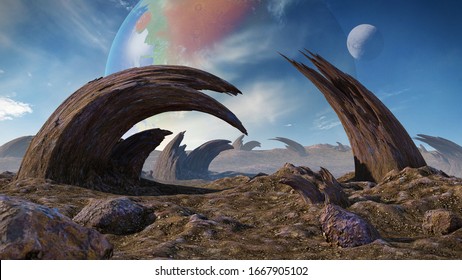 Alien Planet Landscape, Strange Rock Formations On The Surface Of An Exoplanet (3d Space Rendering) 