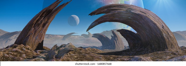 Alien Planet Landscape, Strange Rock Formations On The Surface Of An Exoplanet (3d Space Illustration Banner)