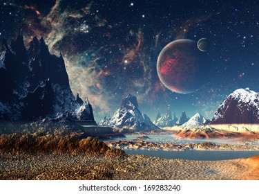 Alien Planet With A Moon And Mountains