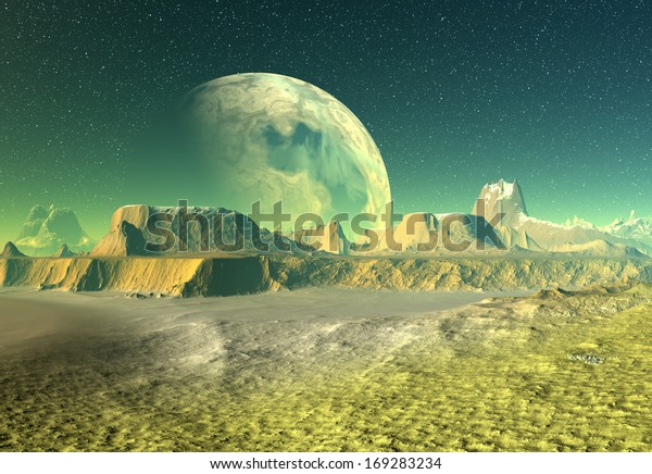 Alien Planet With A Moon\
And Mountains