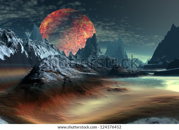 Alien Planet\
with Mountains - Computer\
Artwork