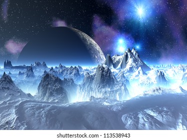 Alien Planet With Mountains, Ice And Snow