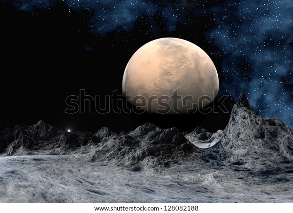 Alien\
Planet With Mountains And A Moon - Computer\
Artwork