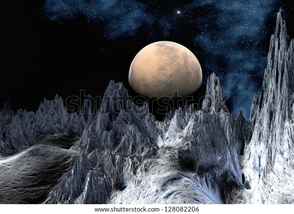 Alien\
Planet With Mountains And A Moon - Computer\
Artwork