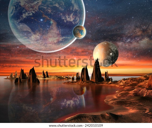 Alien Planet With planets, Earth Moon And Mountains . 3D\
Rendered Computer Artwork. Elements of this image furnished by NASA\
