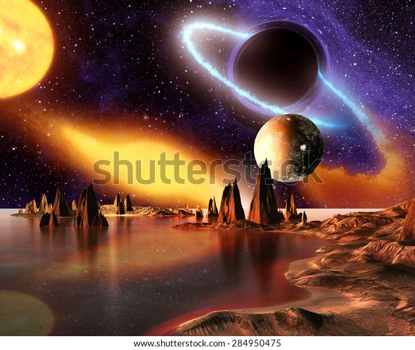 Alien Planet With planets, Earth Moon And Mountains . 3D
Rendered Computer Artwork. Elements of this image furnished by NASA

