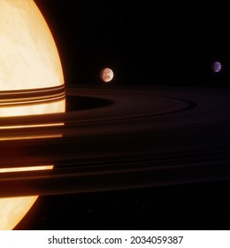 Alien Planet with Rings and two Moons in Deep Space, realistic 3D rendering