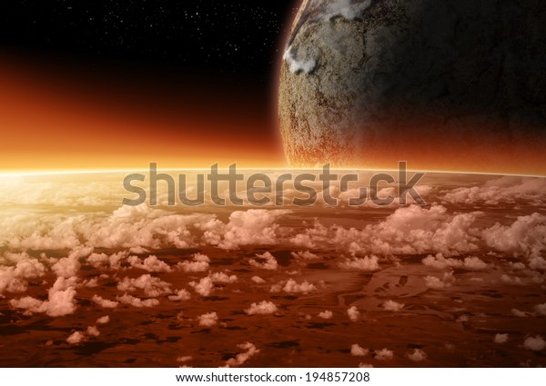 Alien Planet sci-fi scene. Red planet similar\
to Mars. Artist\'s\
Rendition.