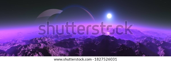alien planet at sunset, alien landscape at the\
rising of a star, 3D\
rendering