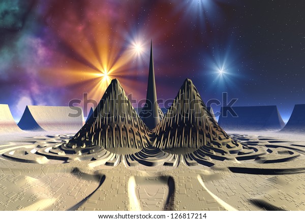 Alien\
Planet With Temple Construction - Computer\
Artwork