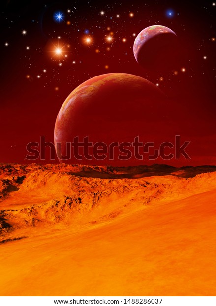 alien planet with two moons, Mars\
exploration, 3d\
illustration