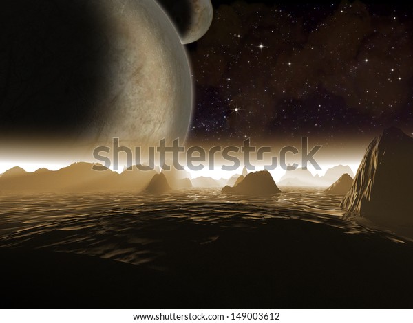 Alien planet.\
Two moons at night rise over the landscape of a rocky moon - Artist\
impression of fantasy\
landscape