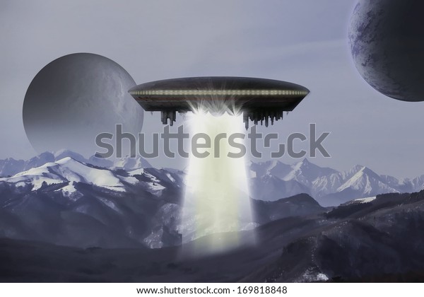 Alien\
planet and UFO spaceship at sunrise or sunset with 2 moon in orbit.\
Sci-fi Fantasy artwork in a \