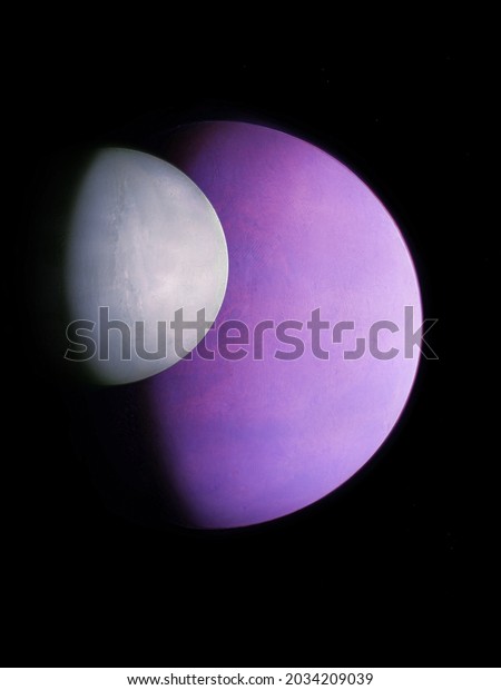 alien planetary system, planet with\
satellite 3d\
illustration.