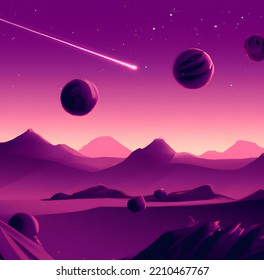 Alien Purple Landscape With Large Visible Planets On Purple Starry Sky With Meteor Falling, Purple Mood, Desert Alien Lanscape, Digital Landscape