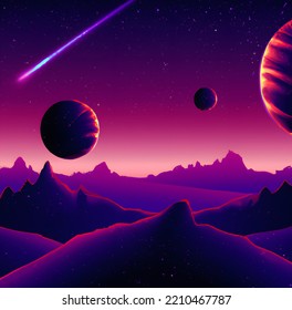 Alien Purple Landscape With Large Visible Planets On Purple Starry Sky With Meteor Falling, Purple Mood, Desert Alien Lanscape, Digital Landscape