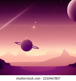 Alien Purple Landscape With Large Visible Planets On Purple Starry Sky With Meteor Falling, Purple Mood, Desert Alien Lanscape, Digital Landscape