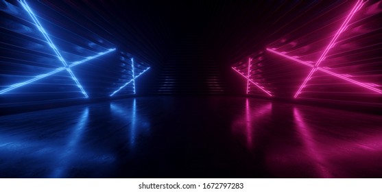 Alien Sci Fi Futuristic Dark Tunnel Neon Laser Corridor Warehouse Catwalk Fashion Background Glowing pantone Blue Purple Reflective Cyber 3D Rendering illustration