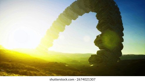 An alien ship, shaped like a massive arc, hovers above a serene landscape as the sun sets. Its glowing presence merges with the fading daylight, creating an otherworldly atmosphere in the sky.